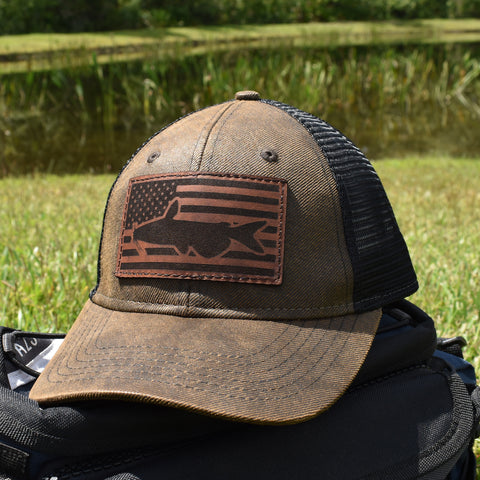 Image of Catfish Leather Patch Flag Hat - Brown / Black - Bucks of America