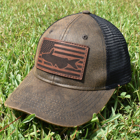 Image of Catfish Leather Patch Flag Hat - Brown / Black - Bucks of America