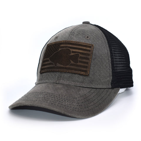 Image of Crappie Leather Patch Flag Hat - Grey / Black - Bucks of America